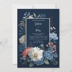 Invitation Cadre Luxueux Bleu Nuit Orné de Fleurs Blanches po