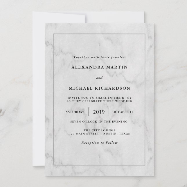 Invitation Cadre moderne en argent et Mariage en marbre (Devant)