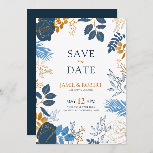 Invitation Cadre moderne mariage or et fleurs bleues (Devant / Derrière)