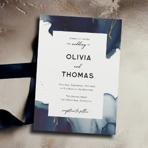 Invitation Cadre moderne Marine Bleu Or Elégant Mariage plage