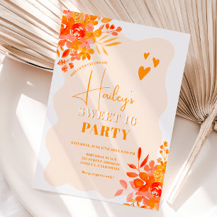 Invitation Cadre ondulé chaud orange boho floral Sweet 16
