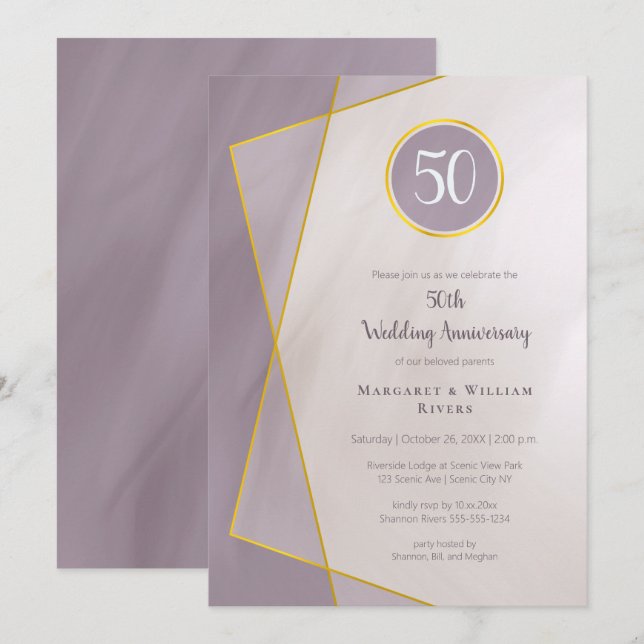 Invitation cadre or anniversaire 50 ans prune doré mat (Devant / Derrière)