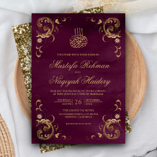 Invitation Cadre Or Antique Mariage Islamique Violet Prune
