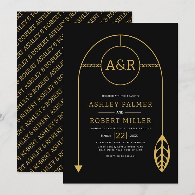 Invitation Cadre or avec feuille, initiales mariage noir (Devant / Derrière)