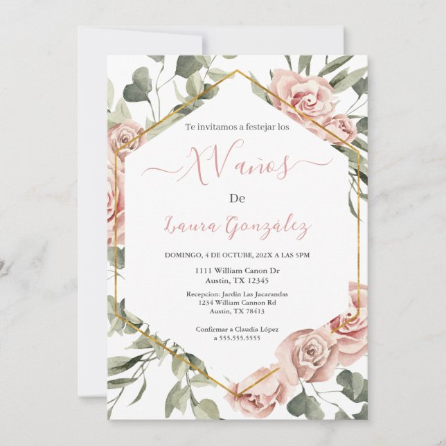 Invitation Cadre or avec rose Quinceanera espagnol (Devant)