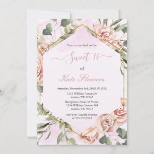 Invitation Cadre or avec rose Quinceanera espagnol