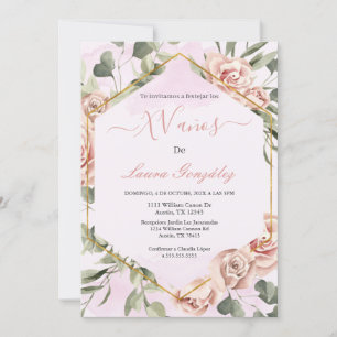 Invitation Cadre or avec rose Quinceanera espagnol