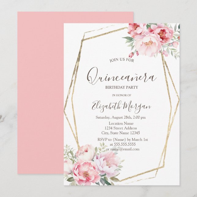 Invitation Cadre Or Blush Rose Quinceañera (Devant / Derrière)