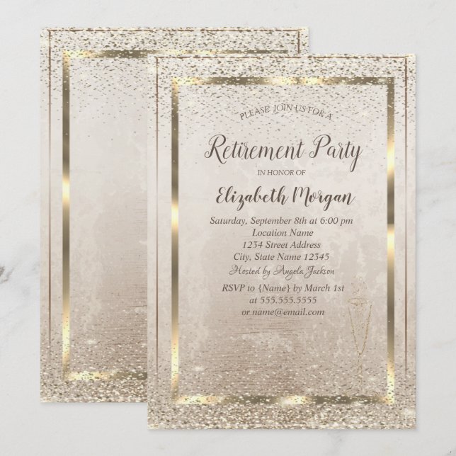 Invitation Cadre Or Chic, Retraite Confetti Verre (Devant / Derrière)