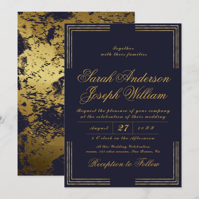 Invitation Cadre Or de luxe et Mariage d'huile d'or (Devant / Derrière)