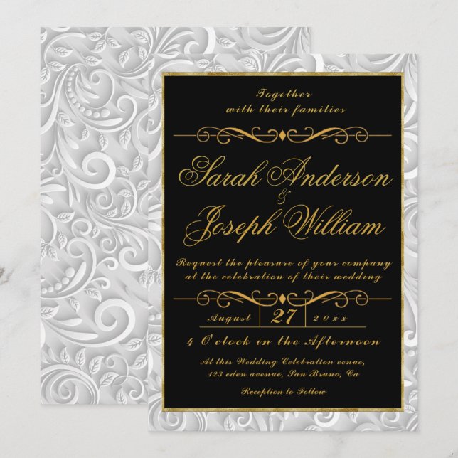 Invitation Cadre Or de luxe & Texture Mariage Fleur nordique (Devant / Derrière)