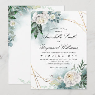 Invitation Cadre Or Floral Blanc   Mariage Peony