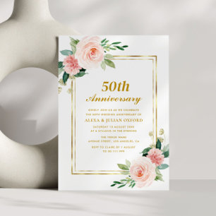 Invitation cadre or floral rose 50e anniversaire mariage