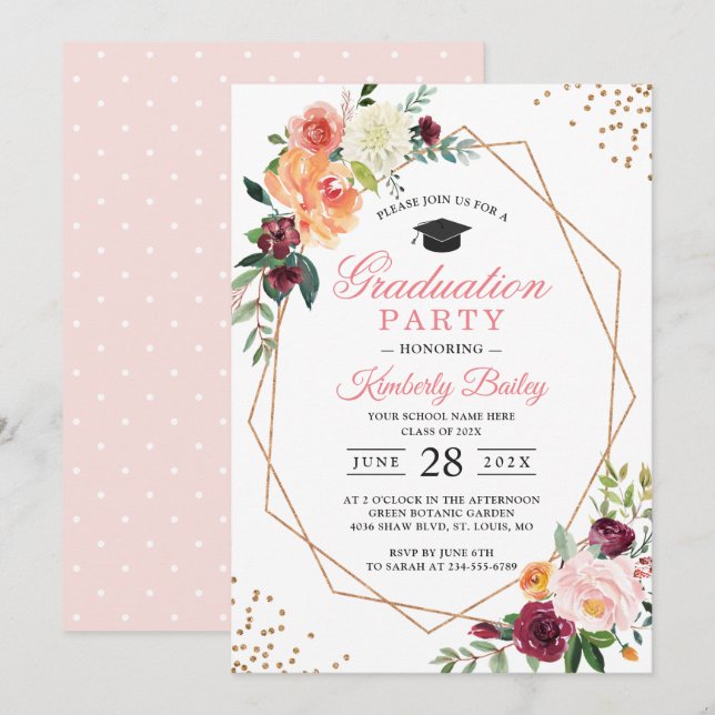 Invitation Cadre Or Géométrique moderne Chic Floral Graduatio (Devant / Derrière)