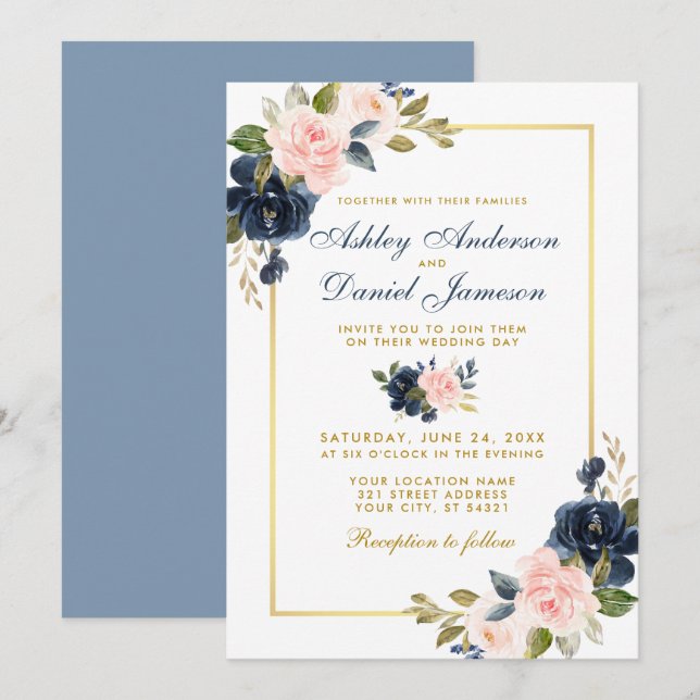 Invitation Cadre or Mariage bleu pâle rose rose (Devant / Derrière)