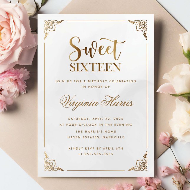 Invitation Cadre Or Moderne Sweet sixteen Orné 16 Anniversair (Créateur téléchargé)