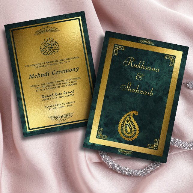 Invitation Cadre Or Ornat & Emerald Green Islam Mehndi (Créateur téléchargé)