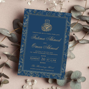 Invitation Cadre Or Ornate Bleu islamique Mariage musulman