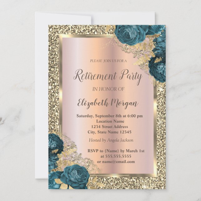 Invitation Cadre Or, Parties scintillant Green Flowers Retrai (Devant)