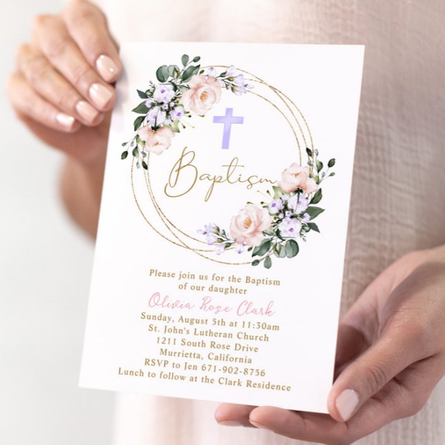 Invitation Cadre or rose et lavande florale Baptême (Créateur téléchargé)