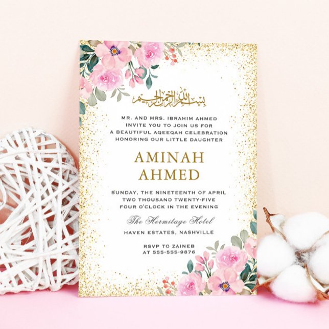 Invitation Cadre Or rose Floral islamique Aqiqa Aqeeqa Baby (Créateur téléchargé)