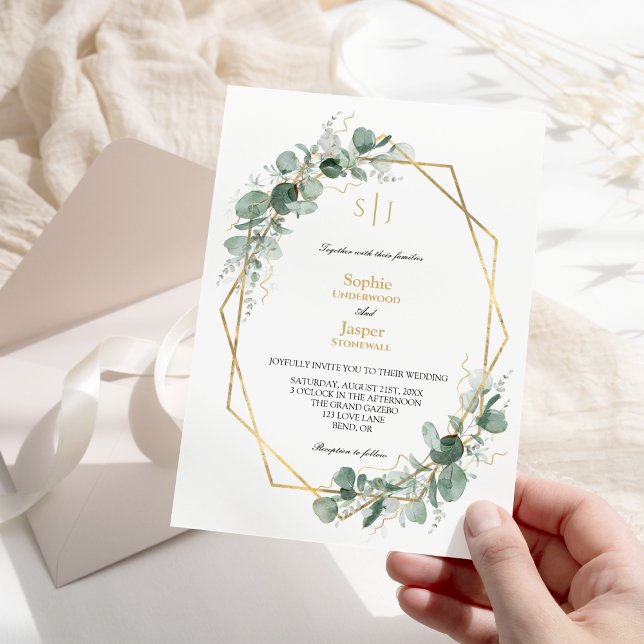 Invitation Cadre Or Vert Simple Monogramme Mariage (Créateur téléchargé)