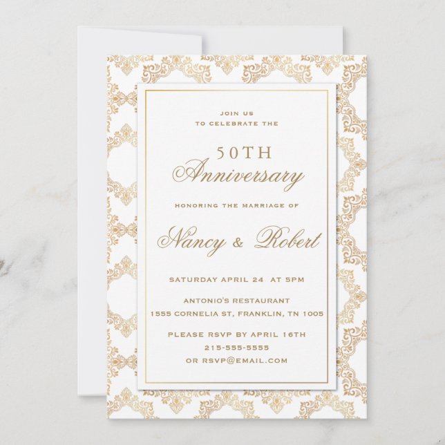 Invitation Cadre Orné Or Blanc 50e anniversaire Mariage (Devant)