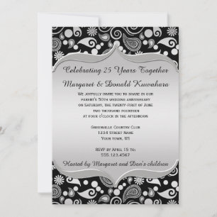 Invitation Cadre Orné Paisley Or Noir 25ème Anniversaire