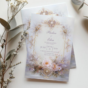 Invitation Cadre ovale doré Fleur rose bijou Élégant Mariage