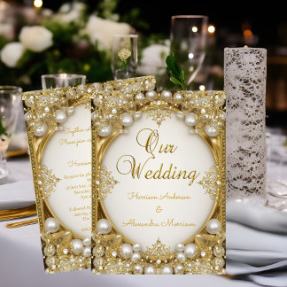 Invitation Cadre ovale perles dorées blanches beige crème pou