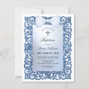 Invitation Cadre pailleté bleu Ruban Baptême