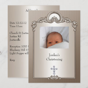 Invitation Cadre photo argent sépia Jewel Cross Christening