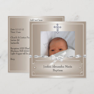 Invitation Cadre photo beige Bijou Croix Baptême