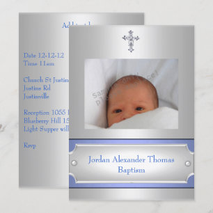Invitation Cadre photo blanc métallique Croix Baptême bleu