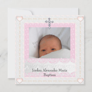 Invitation Cadre photo blanc rose bijou croix baptême