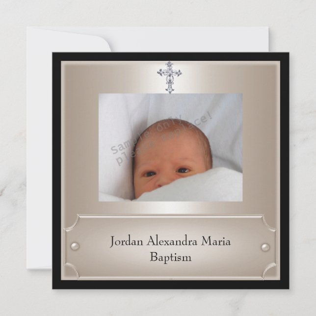 Invitation Cadre photo en beige noir Croix de bijou Baptême (Devant)