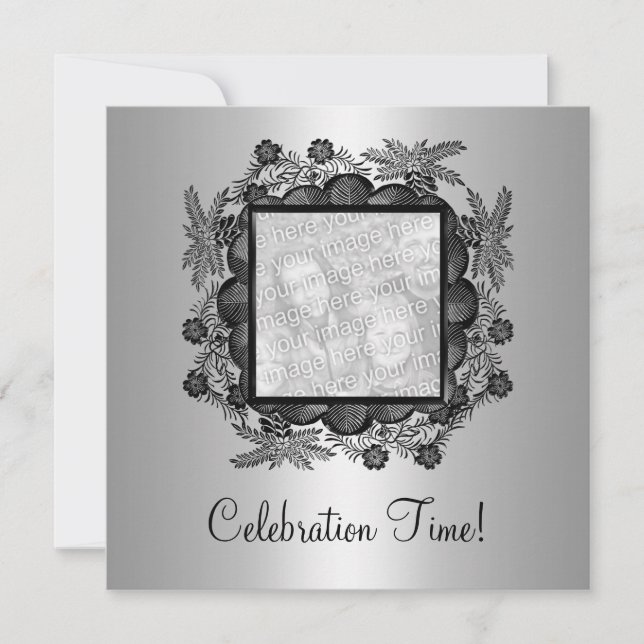 Invitation Cadre photo floral noir argent 50e anniversaire 2 (Devant)