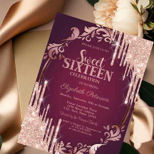 Invitation Cadre Rétro Rose Gold Paillettes Gouttes Bourgogne