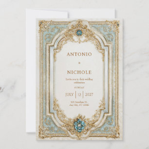 Invitation Cadre Rococo Or Aqua Délicat Mariage Victorien