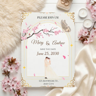 Invitation Cadre romantique de fleurs de cerisier et de papil