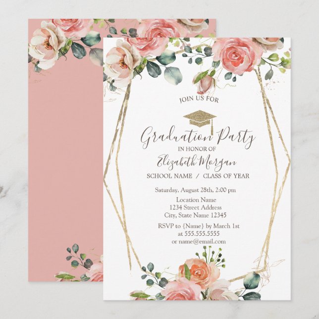 Invitation Cadre Rose, Casquette diplômé, Diplôme de  (Devant / Derrière)