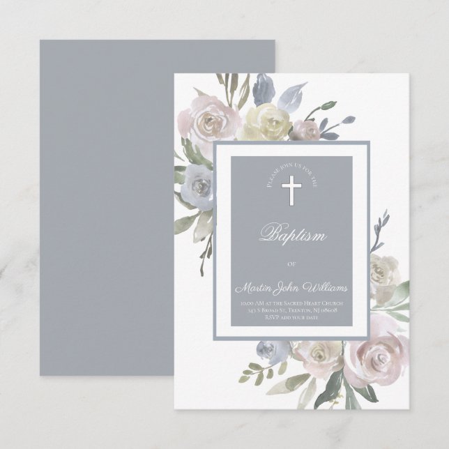 Invitation cadre rose délicat aquarelle | Baptême (Devant / Derrière)