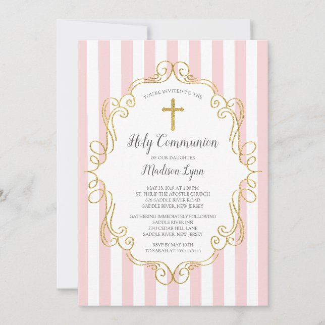 Invitation Cadre rose et or Première communion sainte (Devant)