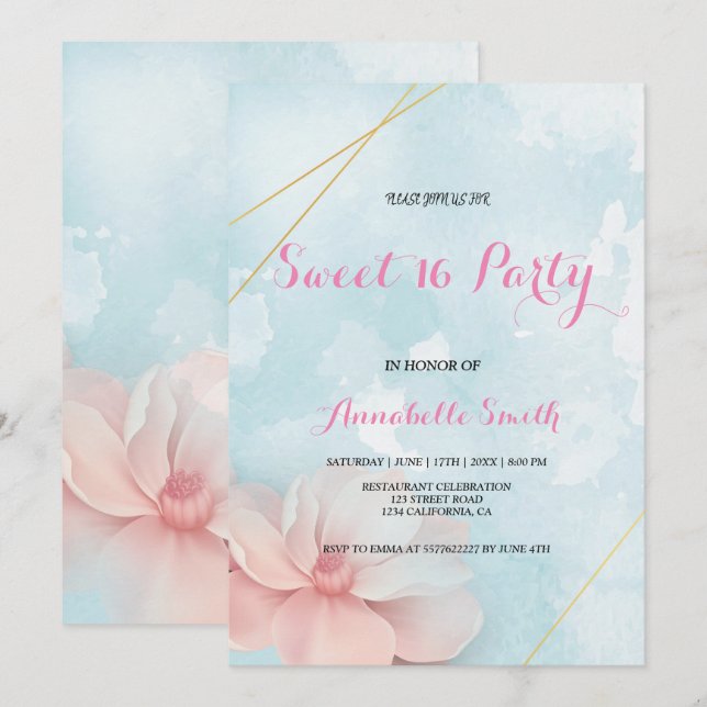 Invitation Cadre rose floral or bleu aquarelle douce 16 (Devant / Derrière)