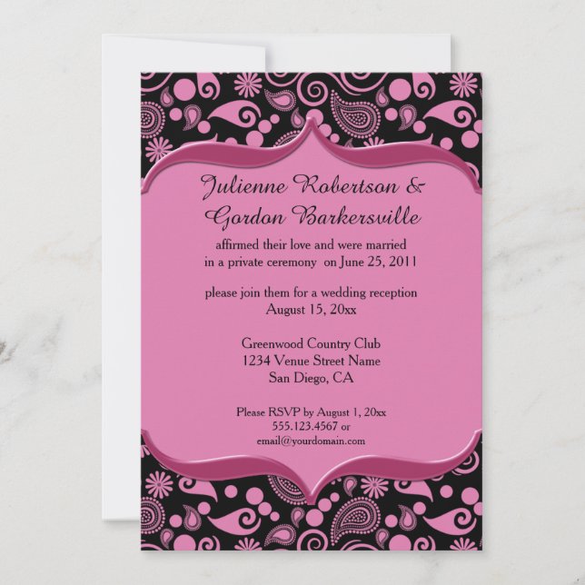 Invitation Cadre rose orné de motifs cachemire noirs Mariage  (Devant)