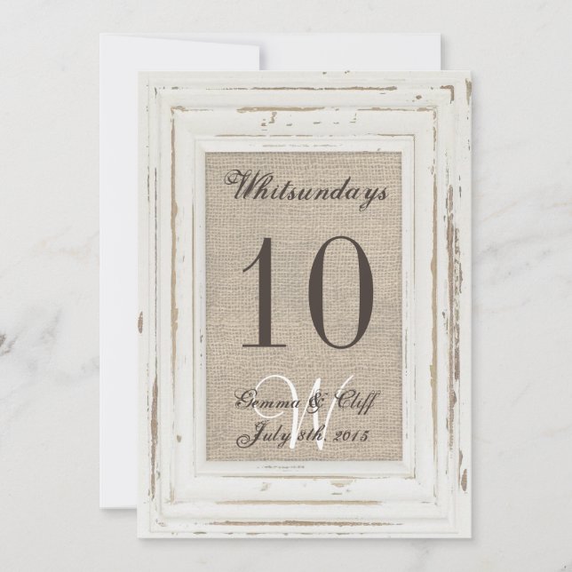 Invitation Cadre rustique blanc & Burlap Numéro de tableau d' (Devant)