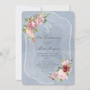Invitation cadre rustique rose bordeaux première communion fl