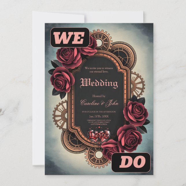 Invitation Cadre Steampunk avec Roses rouges et Engrenages (Devant)