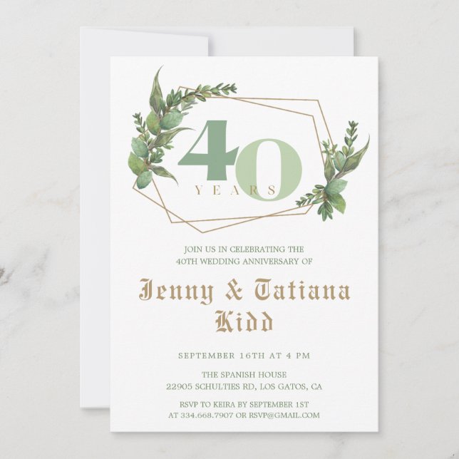 Invitation Cadre verdoyant 40e anniversaire Mariage Invitatio (Devant)