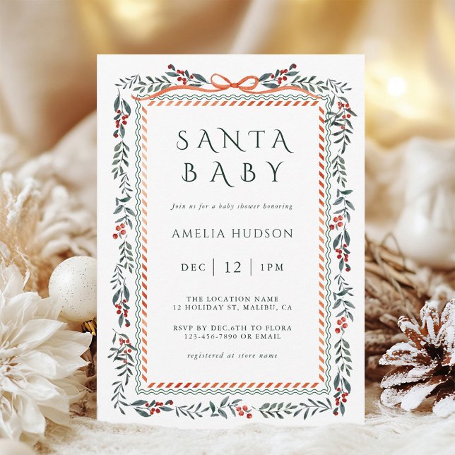 Invitation Cadre verdoyant d'hiver Père Noël Baby shower (Créateur téléchargé)